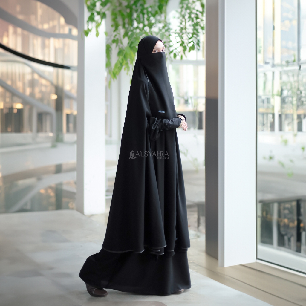 Alsyahra Exclusive - Set Long Khimar Like Mukena Handsplit Raudhah Haramain Cadar Jetblack