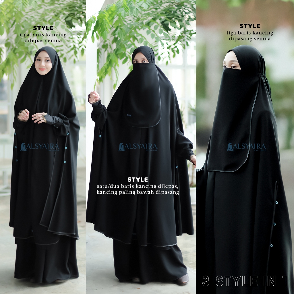 Alsyahra Exclusive - Set Long Khimar Like Mukena Handsplit Raudhah Haramain Cadar Jetblack
