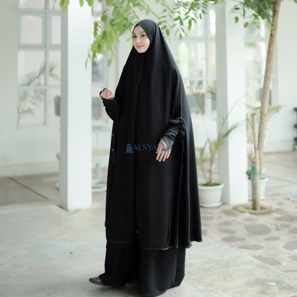 Alsyahra Exclusive - Set Long Khimar Like Mukena Handsplit Raudhah Haramain Cadar Jetblack