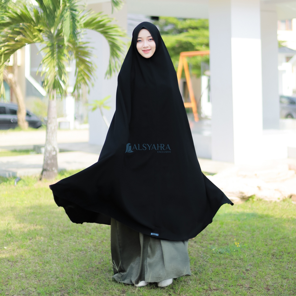 Alsyahra Exclusive - Set Long Khimar Like Mukena Haramain Niqab Bandana Jetblack