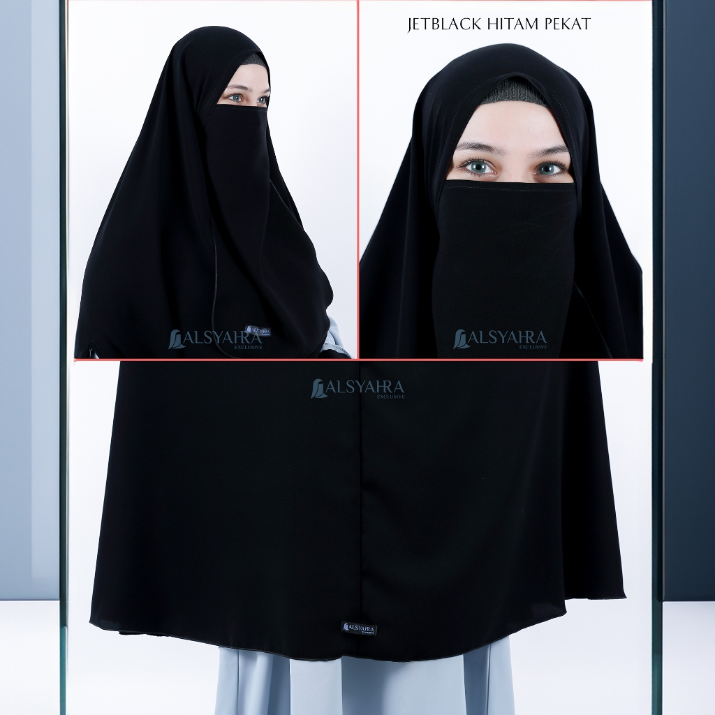 Alsyahra Exclusive - Set Long Khimar Like Mukena Handzipper Haramain Cadar Tali Jetblack