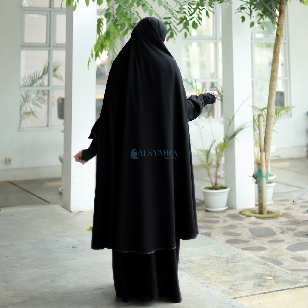 Alsyahra Exclusive - Set Long Khimar Like Mukena Handsplit Raudhah Haramain Cadar Jetblack