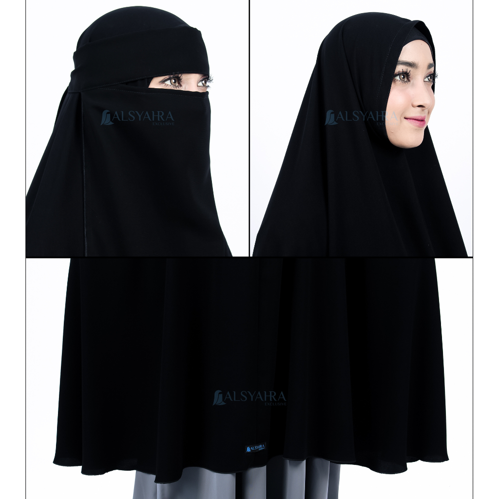 Alsyahra Exclusive - Set Long Khimar Like Mukena Haramain Niqab Bandana Jetblack