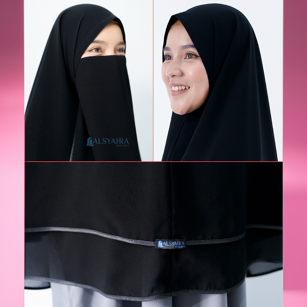 Alsyahra Exclusive - Set Khimar Syari Butterfly 2 Layer Cadar Tali Sifon Silk Jetblack Arab Size XL
