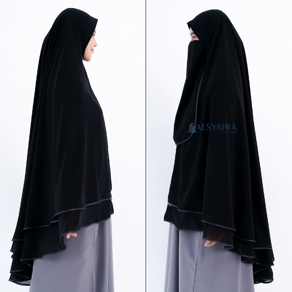 Alsyahra Exclusive - Set Khimar Syari Butterfly 2 Layer Cadar Tali Sifon Silk Jetblack Arab Size XL