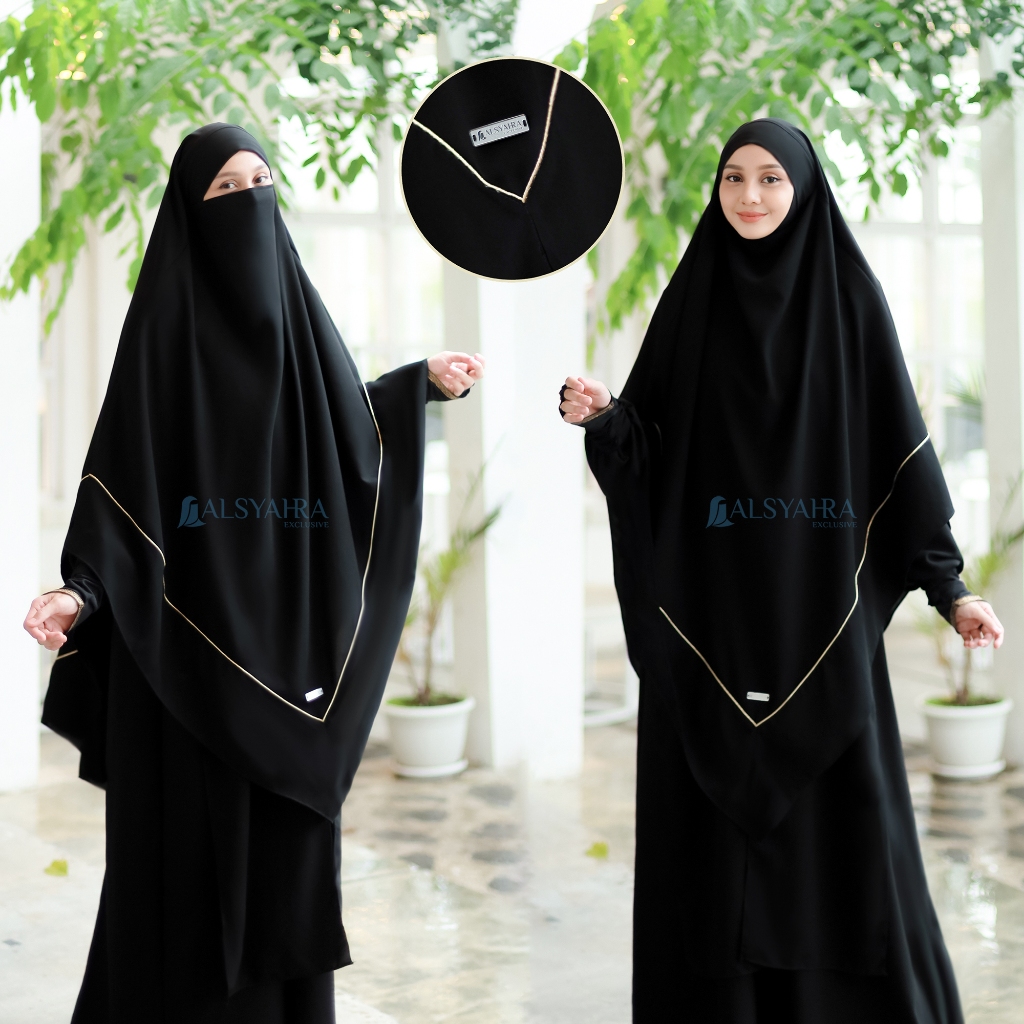 Alsyahra Exclusive - Khiban French Khimar Lancip V Ayumi List Gold Soft Jetblack Size XL