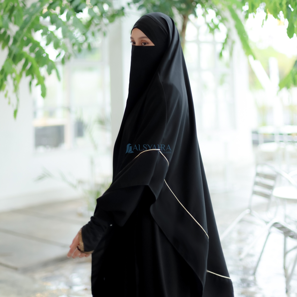 Alsyahra Exclusive - Khiban French Khimar Lancip V Ayumi List Gold Soft Jetblack Size XL