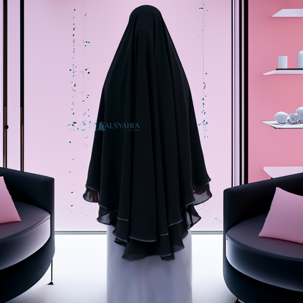 Alsyahra Exclusive - Set Khimar Syari Butterfly 2 Layer Cadar Tali Sifon Silk Jetblack Arab Size XL