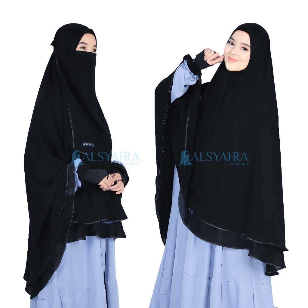 Alsyahra Exclusive - Set Khimar Syari Butterfly 2 Layer Cadar Tali Sifon Silk Jetblack Arab Size XL