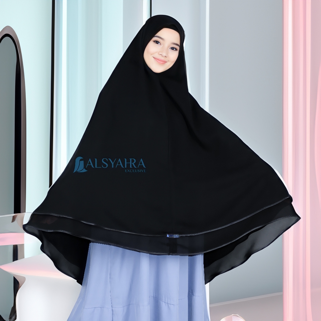 Alsyahra Exclusive - Set Khimar Syari Butterfly 2 Layer Cadar Tali Sifon Silk Jetblack Arab Size XL