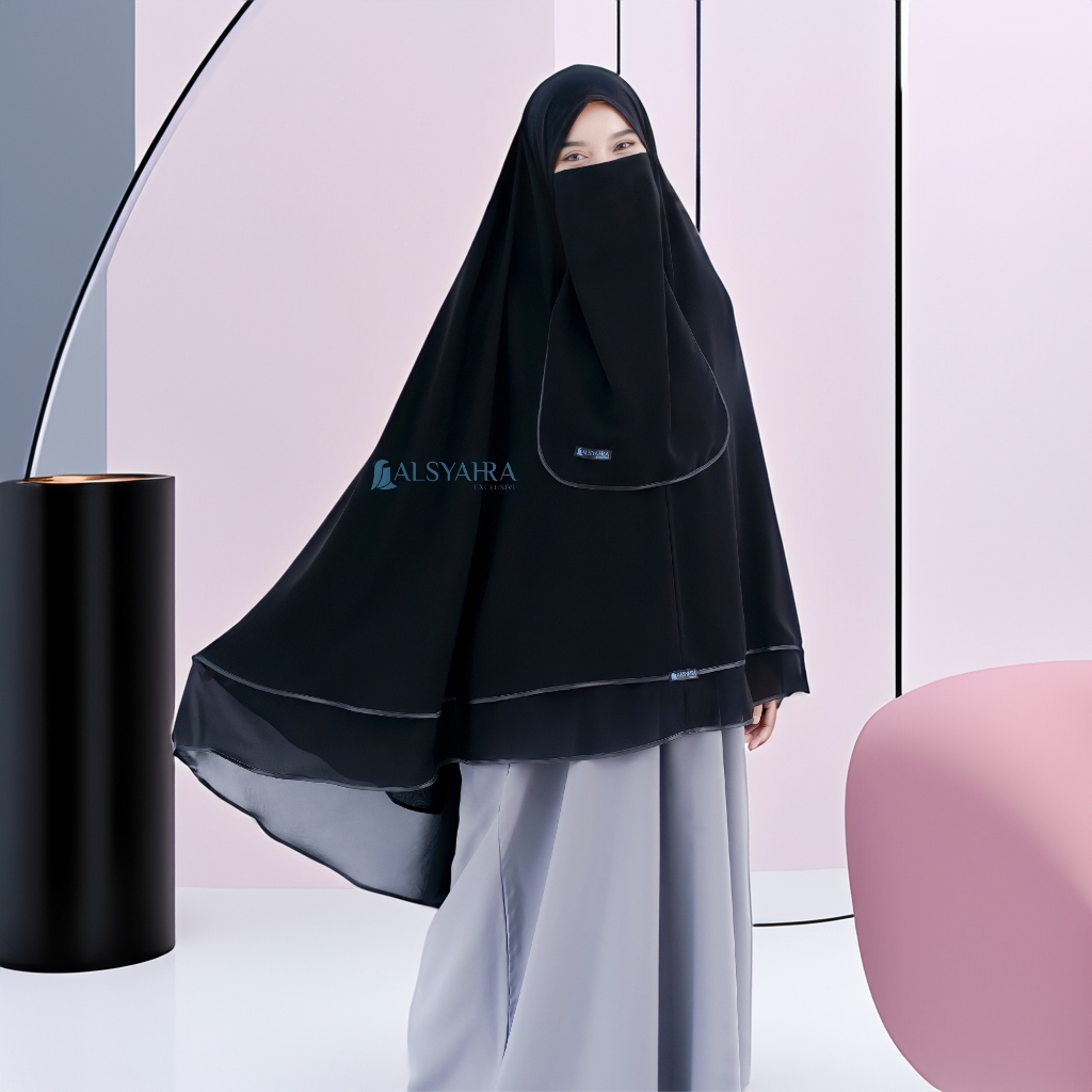 Alsyahra Exclusive - Set Khimar Syari Butterfly 2 Layer Cadar Tali Sifon Silk Jetblack Arab Size XL