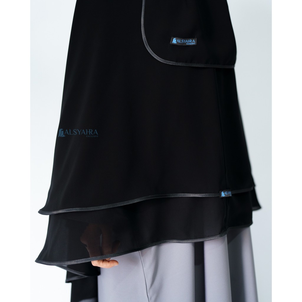 Alsyahra Exclusive - Set Khimar Syari Butterfly 2 Layer Cadar Tali Sifon Silk Jetblack Arab Size XL