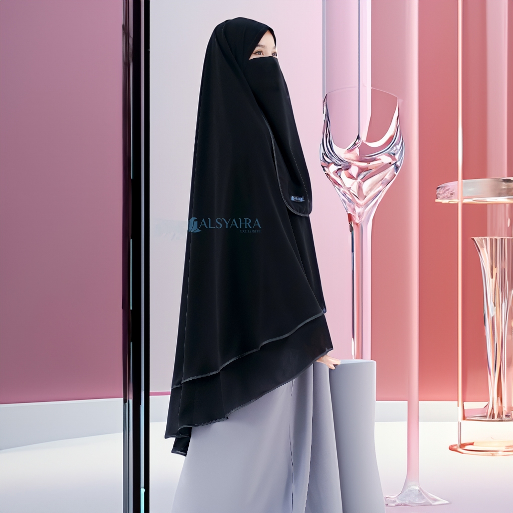 Alsyahra Exclusive - Set Khimar Syari Butterfly 2 Layer Cadar Tali Sifon Silk Jetblack Arab Size XL