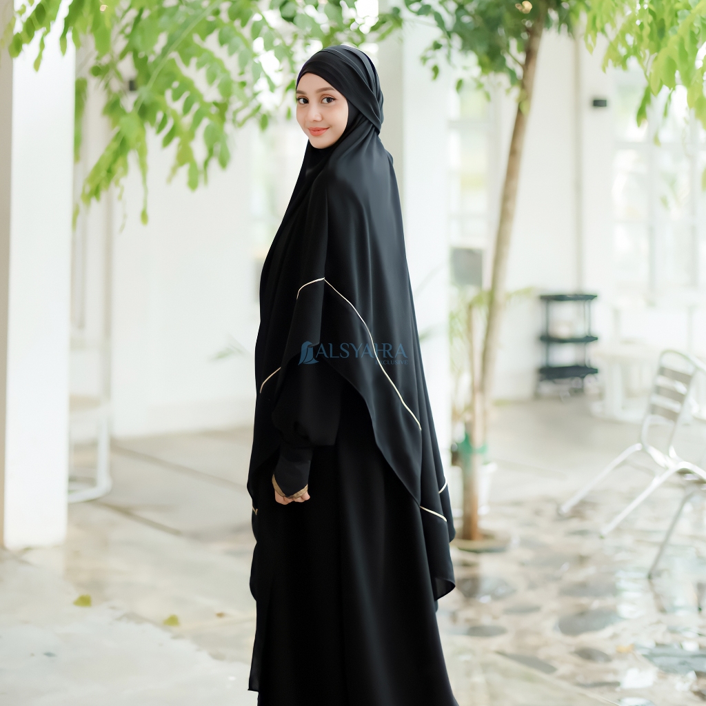 Alsyahra Exclusive - Khiban French Khimar Lancip V Ayumi List Gold Soft Jetblack Size XL