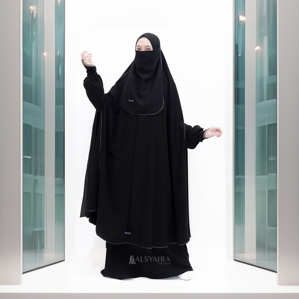 Alsyahra Exclusive - Set Long Khimar Syari Handsplit Haramain Cadar Tali Jetblack Jumbo