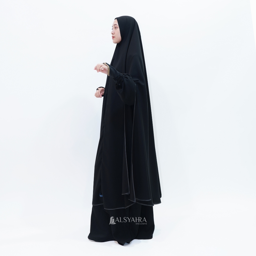 Alsyahra Exclusive - Set Long Khimar Syari Handsplit Haramain Cadar Tali Jetblack Jumbo