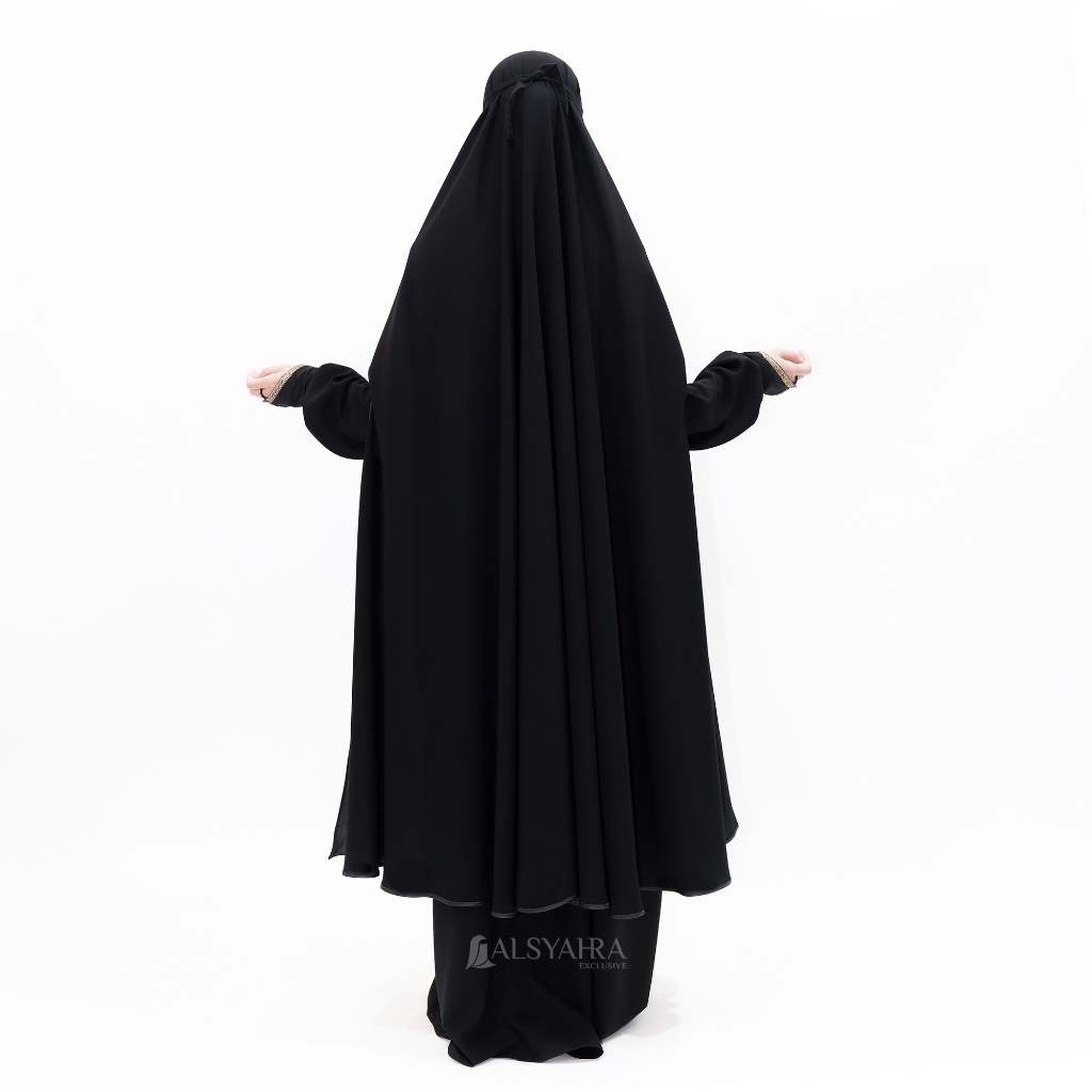 Alsyahra Exclusive - Set Long Khimar Syari Handsplit Haramain Cadar Tali Jetblack Jumbo