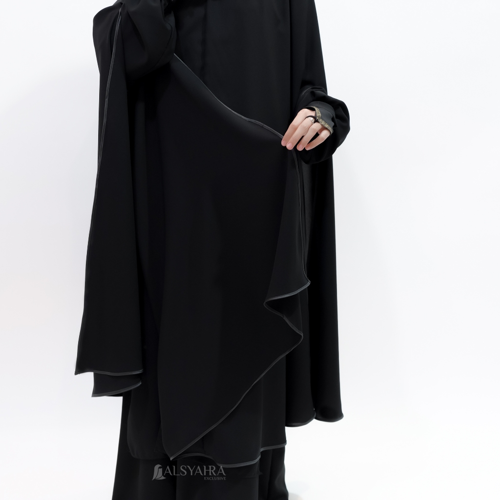 Alsyahra Exclusive - Set Long Khimar Syari Handsplit Haramain Cadar Tali Jetblack Jumbo