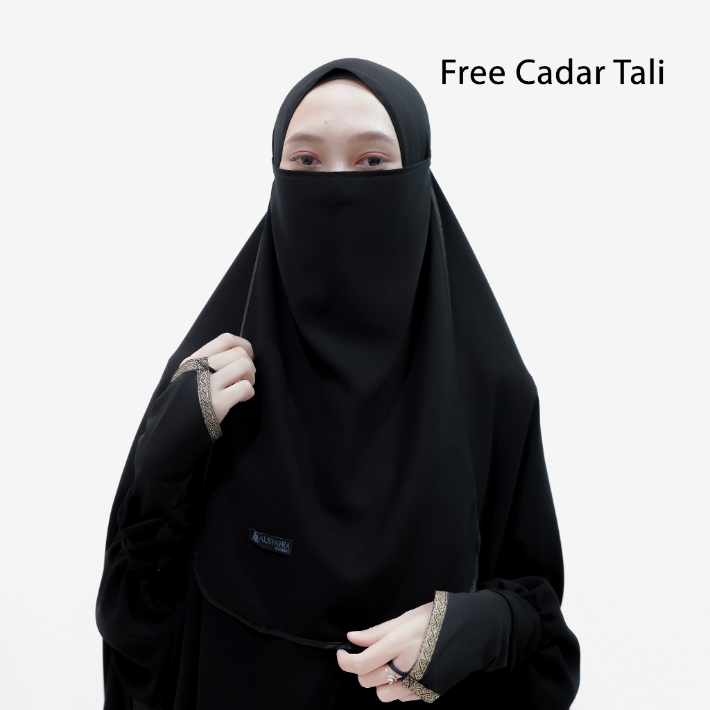 Alsyahra Exclusive - Set Long Khimar Syari Handsplit Haramain Cadar Tali Jetblack Jumbo