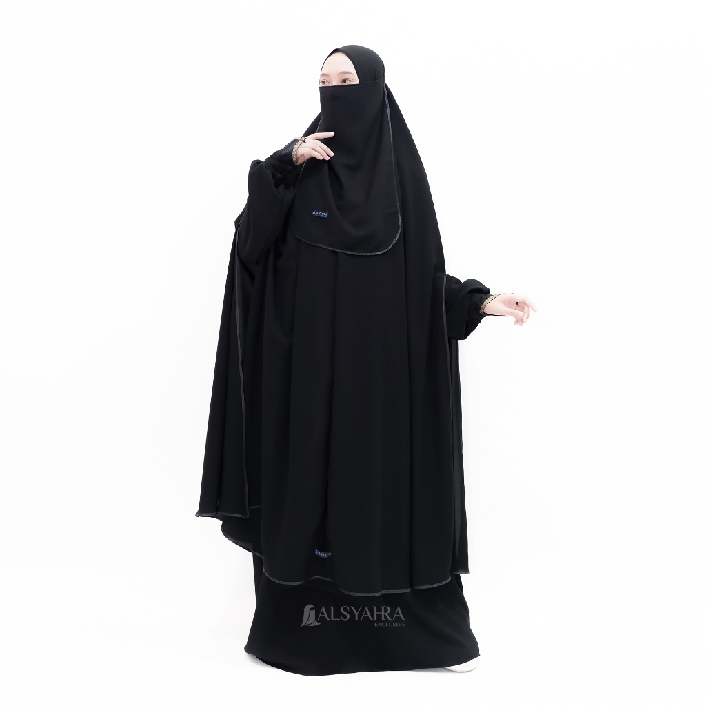 Alsyahra Exclusive - Set Long Khimar Syari Handsplit Haramain Cadar Tali Jetblack Jumbo