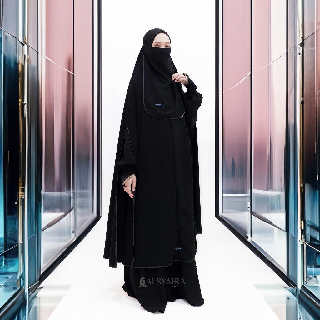 Alsyahra Exclusive - Set Long Khimar Syari Handsplit Haramain Cadar Tali Jetblack Jumbo