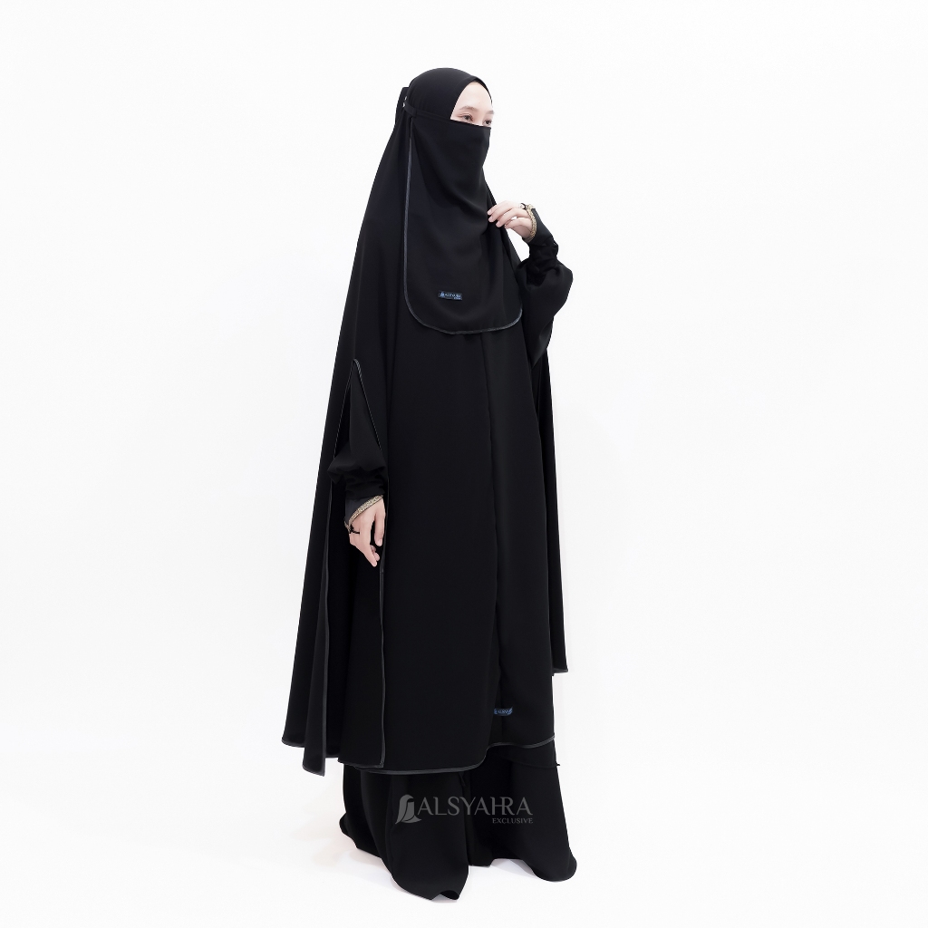 Alsyahra Exclusive - Set Long Khimar Syari Handsplit Haramain Cadar Tali Jetblack Jumbo