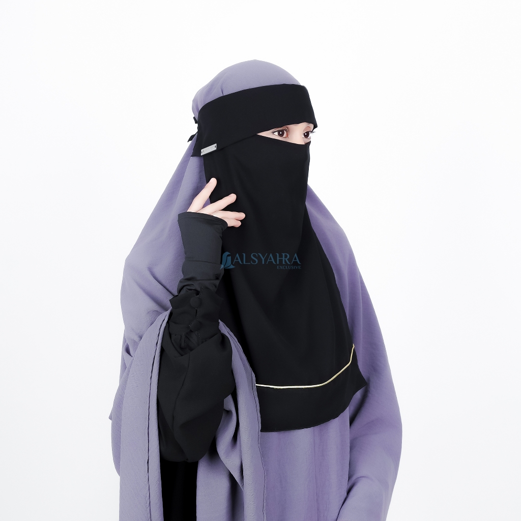 Alsyahra Exclusive - Niqab Poni List Gold Sifon Silk Jetblack Arab