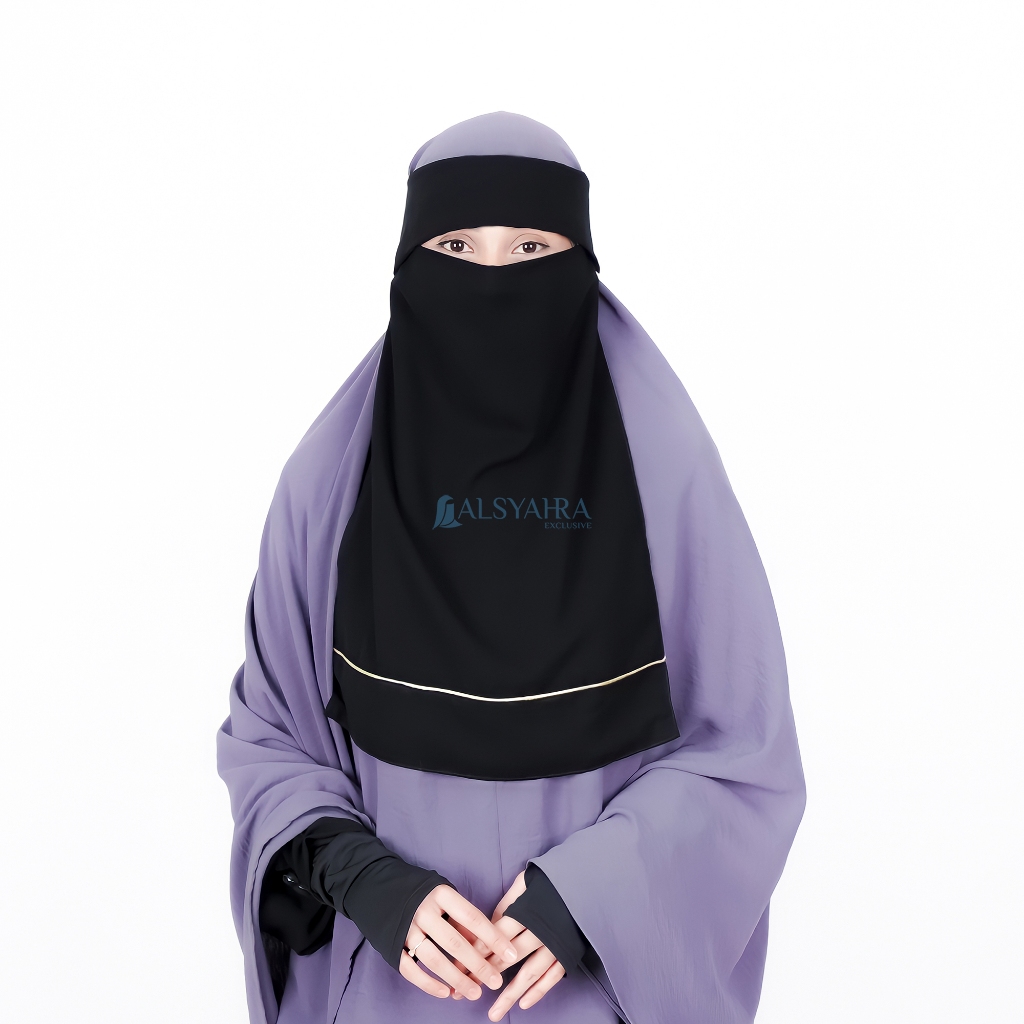 Alsyahra Exclusive - Niqab Poni List Gold Sifon Silk Jetblack Arab