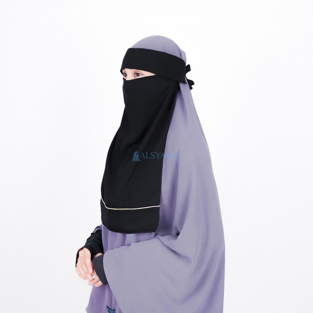 Alsyahra Exclusive - Niqab Poni List Gold Sifon Silk Jetblack Arab