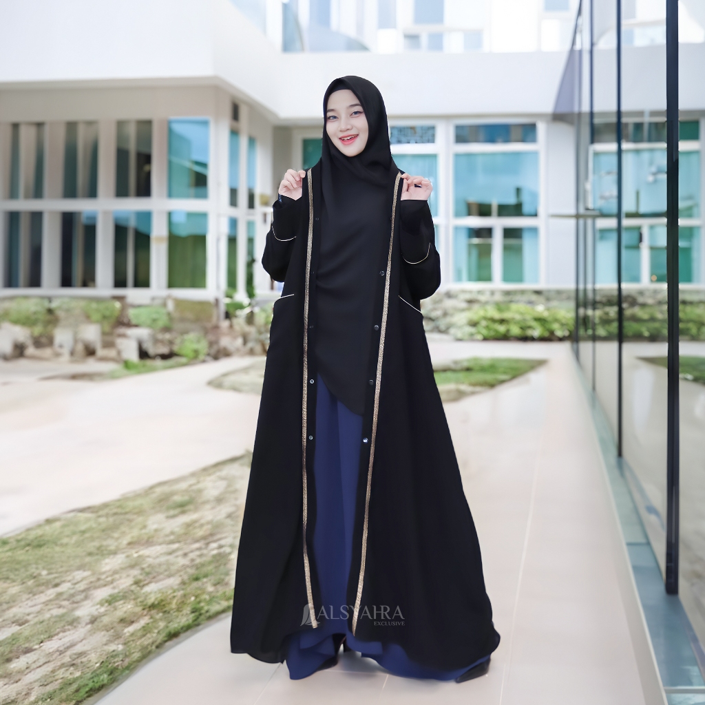 Alsyahra Exclusive - Long Outer Max Umroh Kiswah List Gold Jetblack