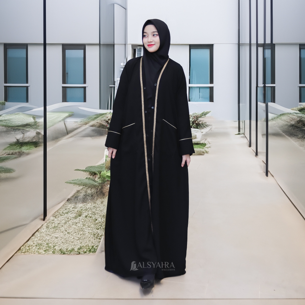 Alsyahra Exclusive - Long Outer Max Umroh Kiswah List Gold Jetblack
