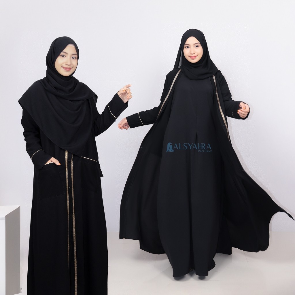 Alsyahra Exclusive - Long Outer Max Umroh Kiswah List Gold Jetblack