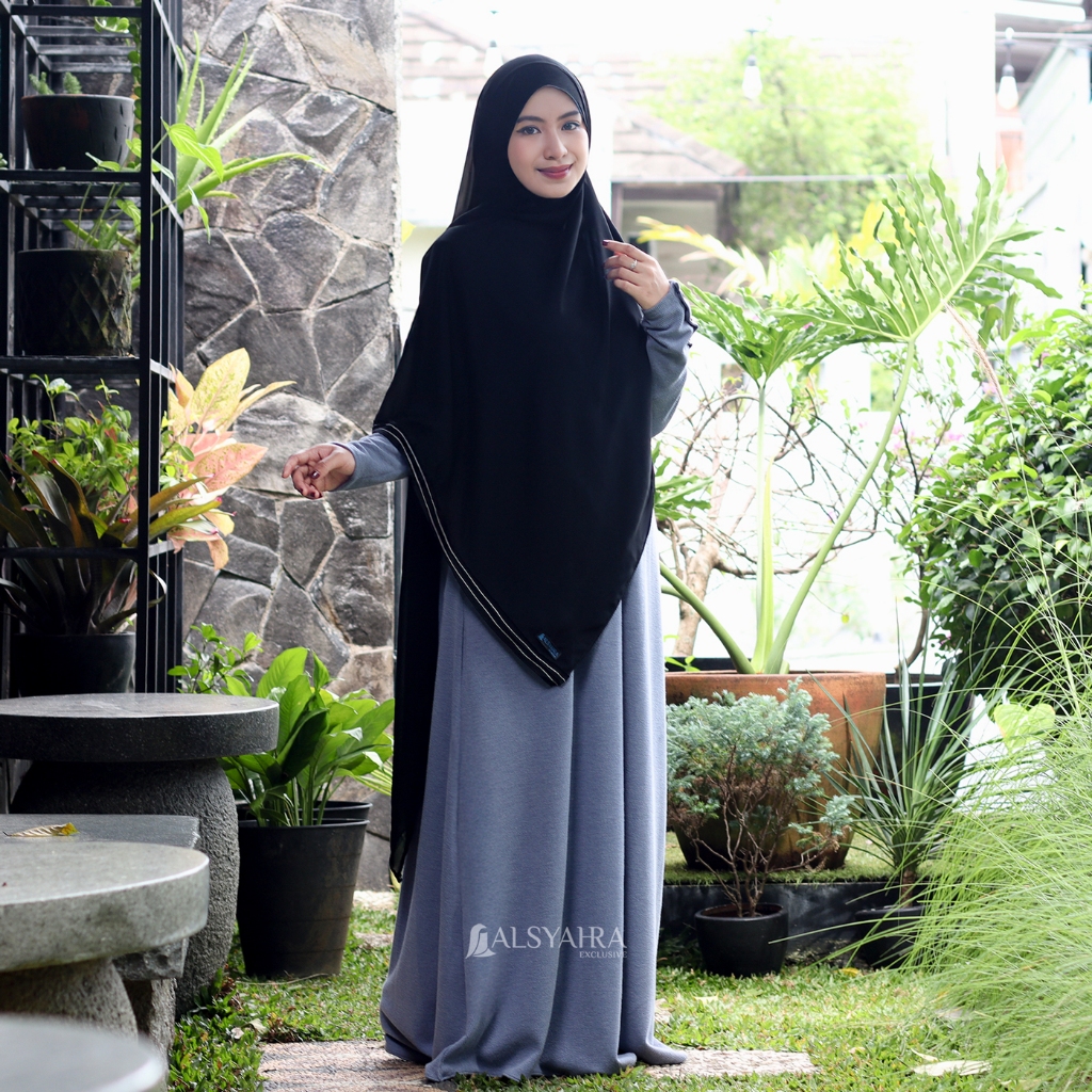 Alsyahra Exclusive - Set Pashmina Syari Eidelina List White Cadar Sifon Silk Jetblack Arab