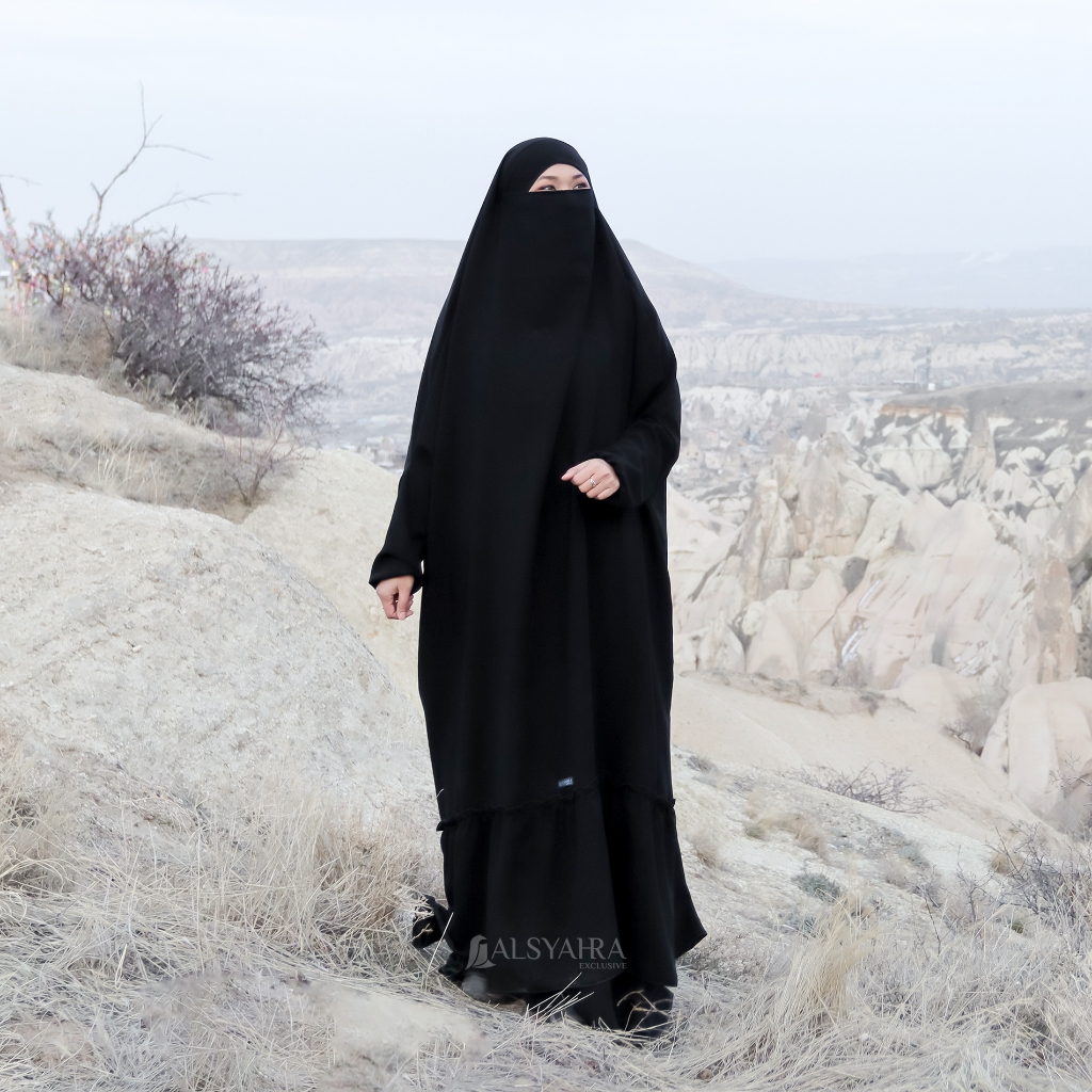Alsyahra Exclusive - Long Khiban French Khimar Lengan Like Mukena Zahira Haramain Soft Jetblack