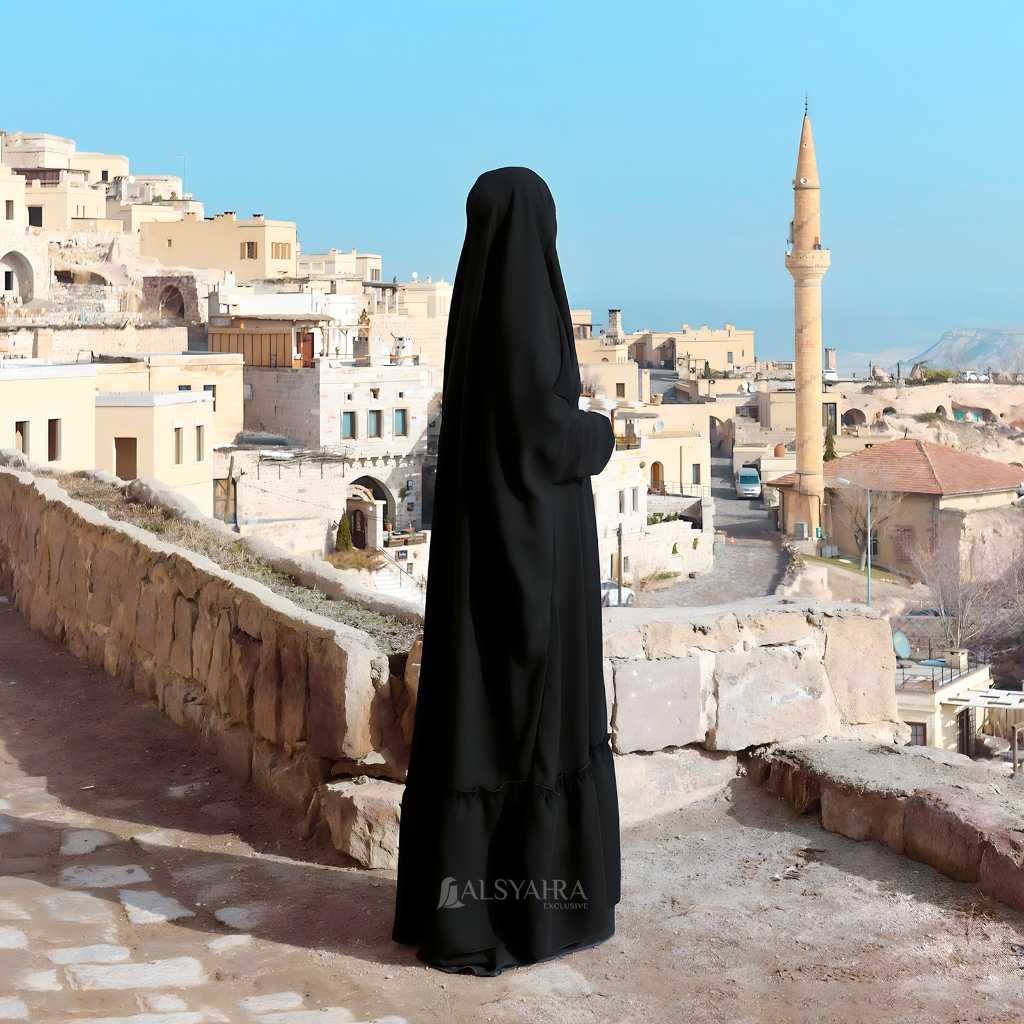 Alsyahra Exclusive - Long Khiban French Khimar Lengan Like Mukena Zahira Haramain Soft Jetblack
