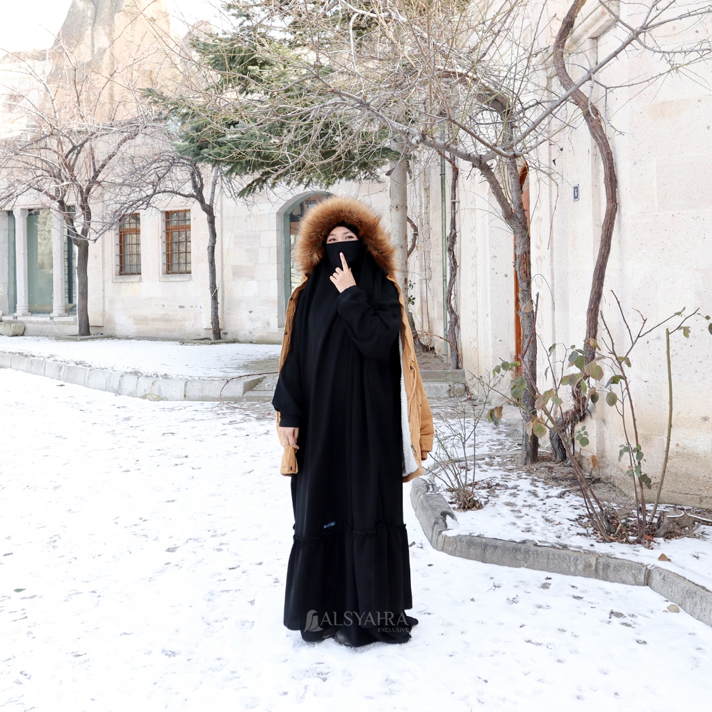 Alsyahra Exclusive - Long Khiban French Khimar Lengan Like Mukena Zahira Haramain Soft Jetblack
