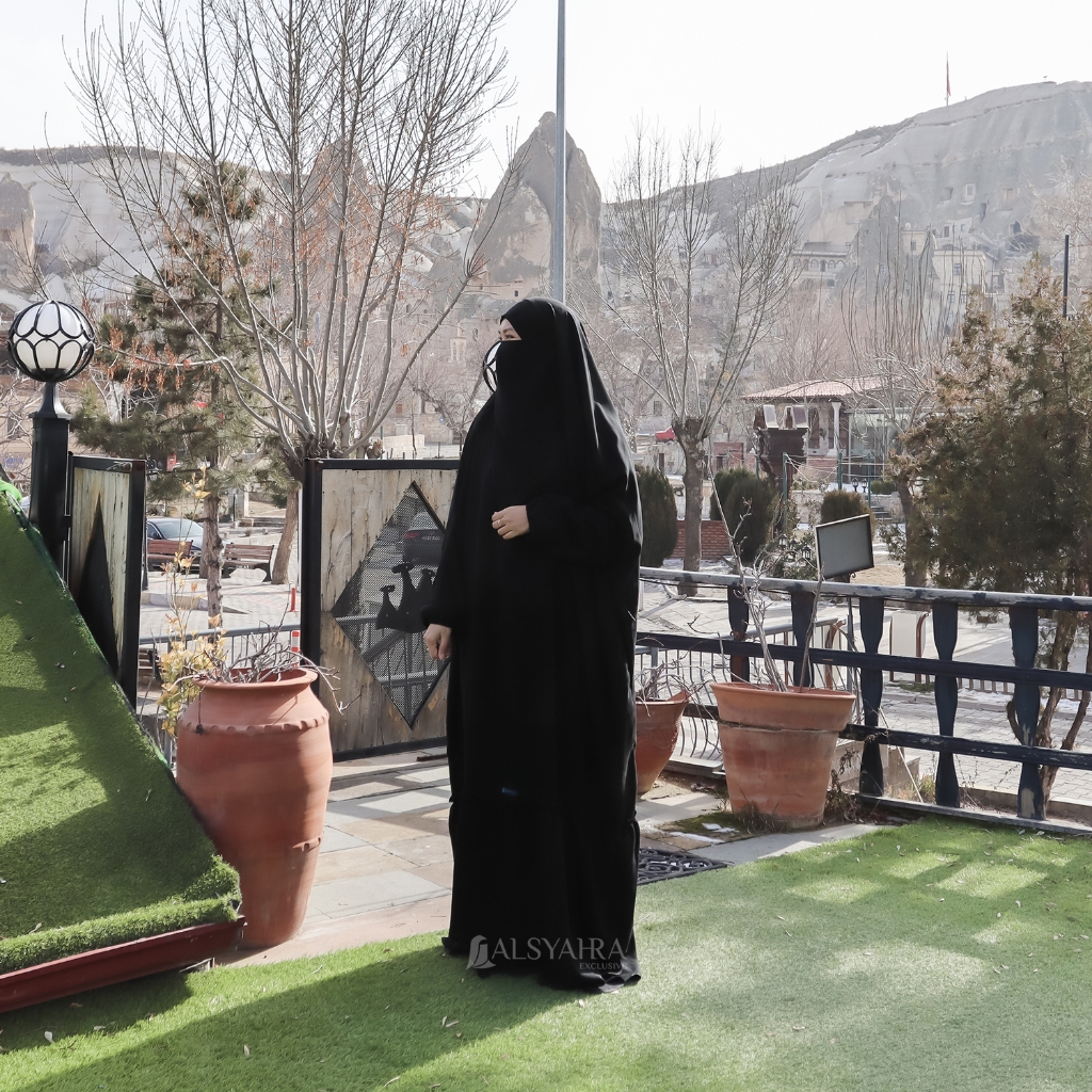 Alsyahra Exclusive - Long Khiban French Khimar Lengan Like Mukena Zahira Haramain Soft Jetblack