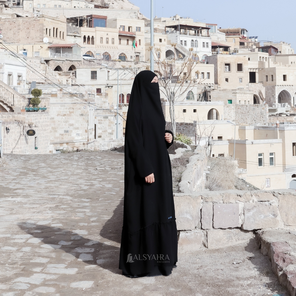 Alsyahra Exclusive - Long Khiban French Khimar Lengan Like Mukena Zahira Haramain Soft Jetblack