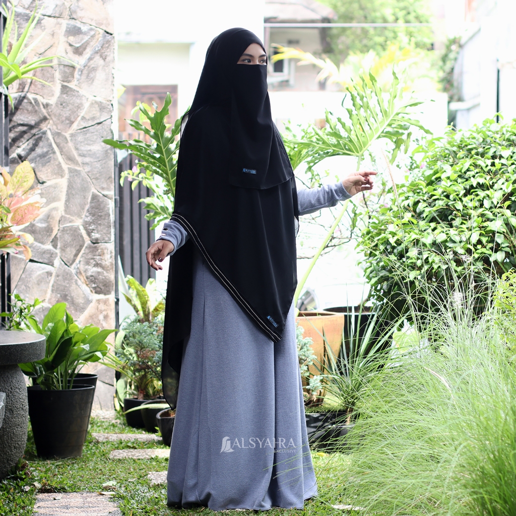 Alsyahra Exclusive - Set Pashmina Syari Eidelina List White Cadar Sifon Silk Jetblack Arab