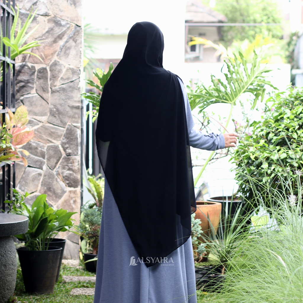 Alsyahra Exclusive - Set Pashmina Syari Eidelina List White Cadar Sifon Silk Jetblack Arab