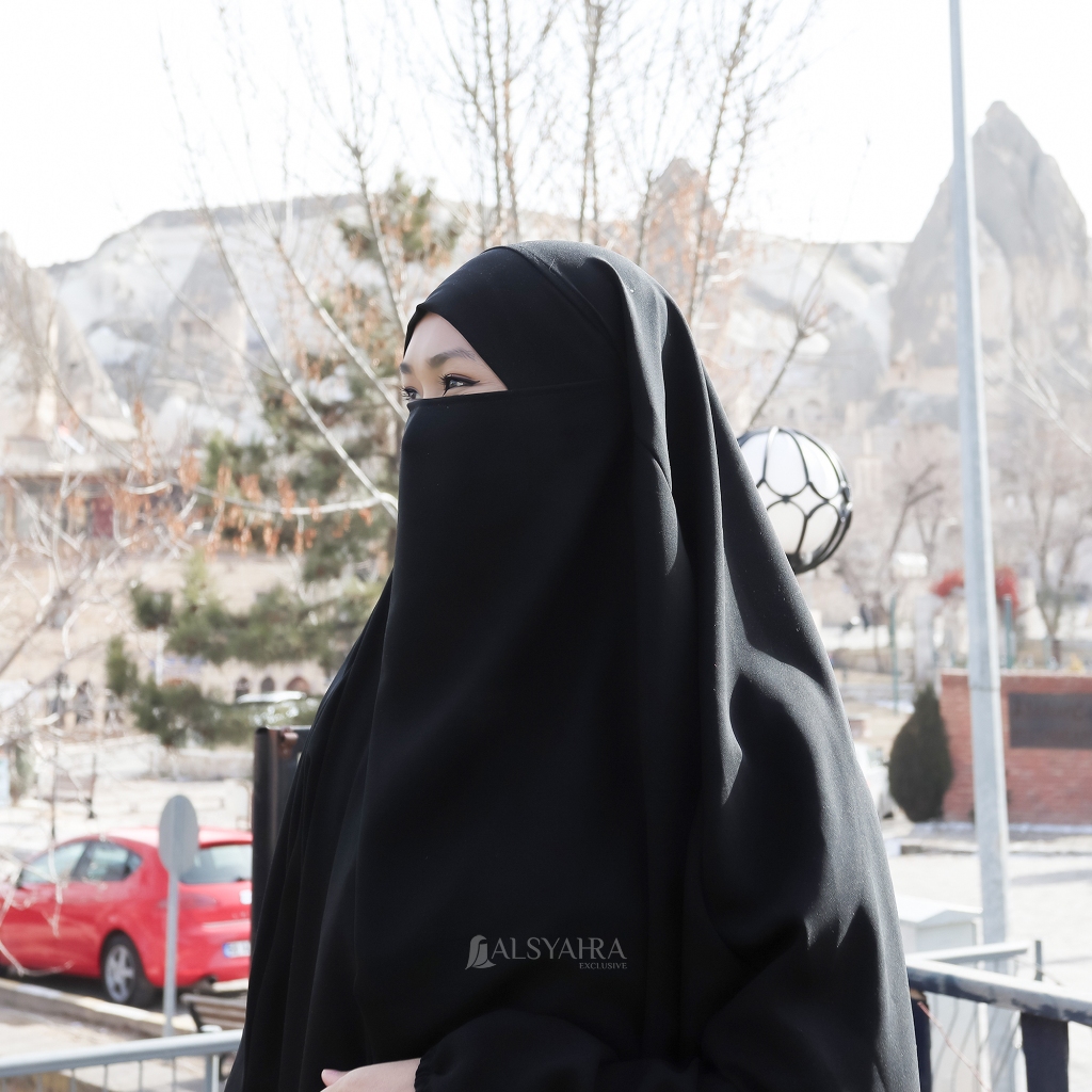 Alsyahra Exclusive - Long Khiban French Khimar Lengan Like Mukena Zahira Haramain Soft Jetblack