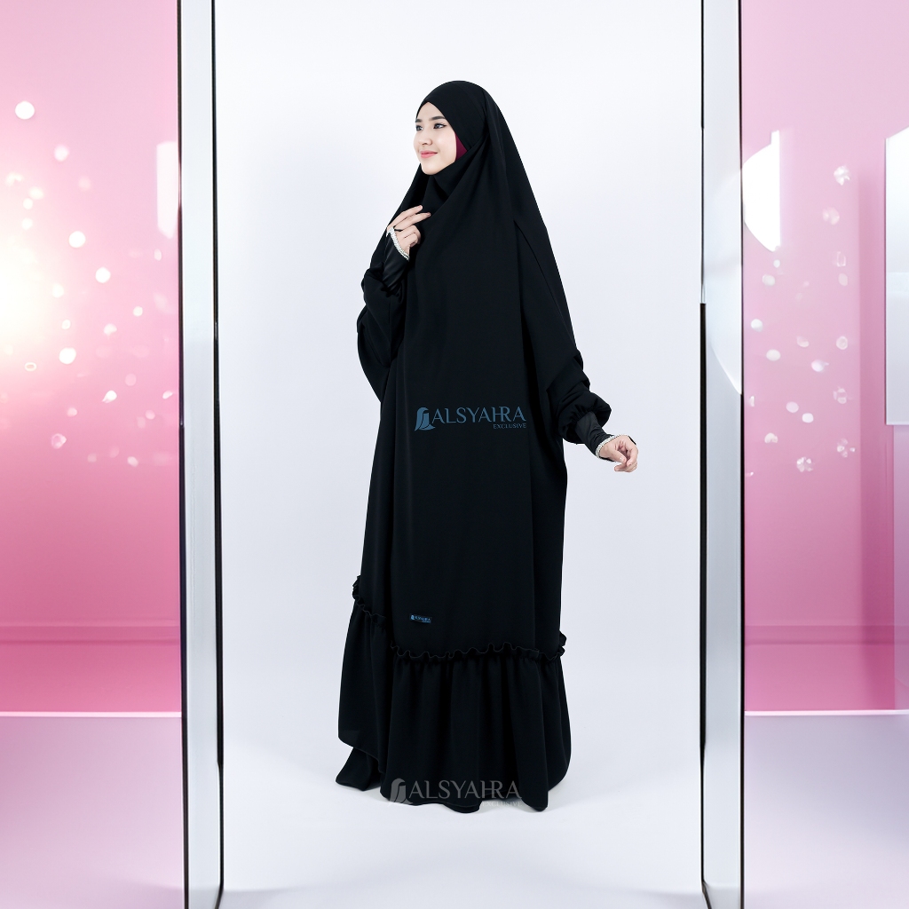 Alsyahra Exclusive - Long Khiban French Khimar Lengan Like Mukena Zahira Haramain Soft Jetblack