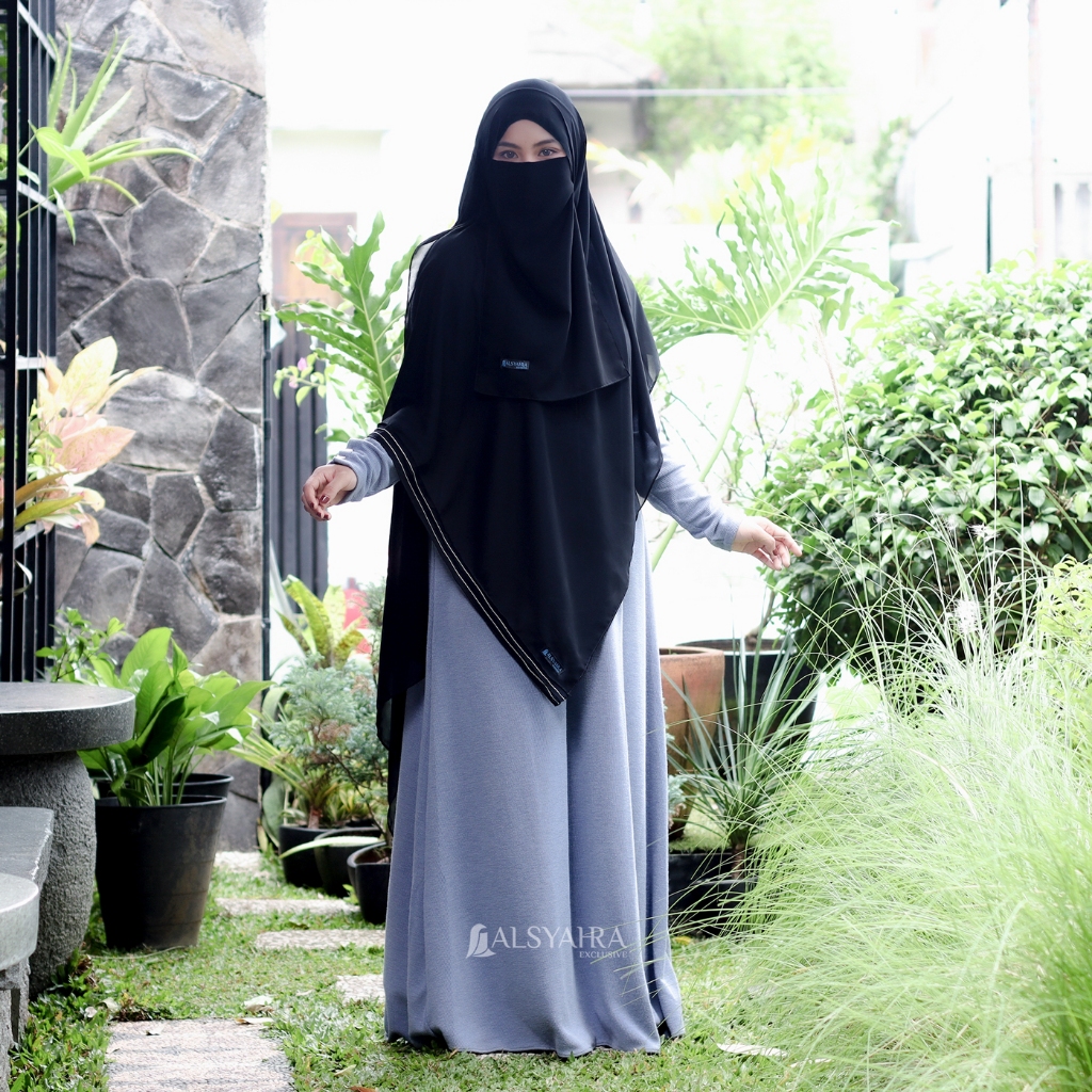 Alsyahra Exclusive - Set Pashmina Syari Eidelina List White Cadar Sifon Silk Jetblack Arab