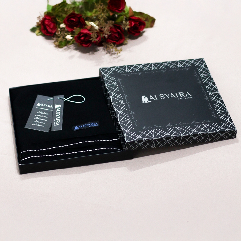 Alsyahra Exclusive - Set Pashmina Syari Eidelina List White Cadar Sifon Silk Jetblack Arab