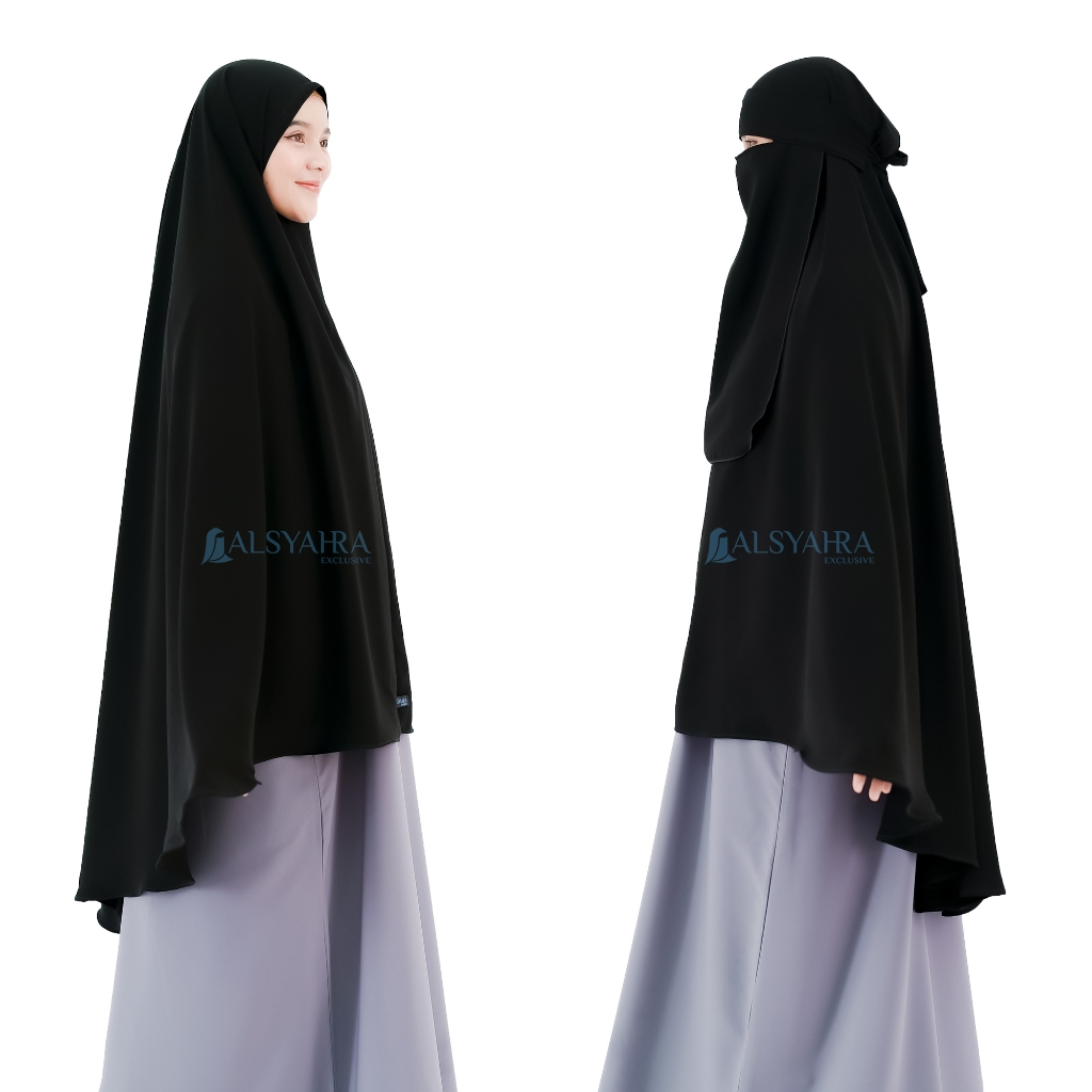 Alsyahra Exclusive - Set Khimar Syari Marwah Non Pad Niqab Bandana Jetblack Size XL