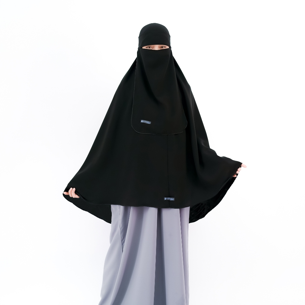 Alsyahra Exclusive - Set Khimar Syari Marwah Non Pad Niqab Bandana Jetblack Size XL