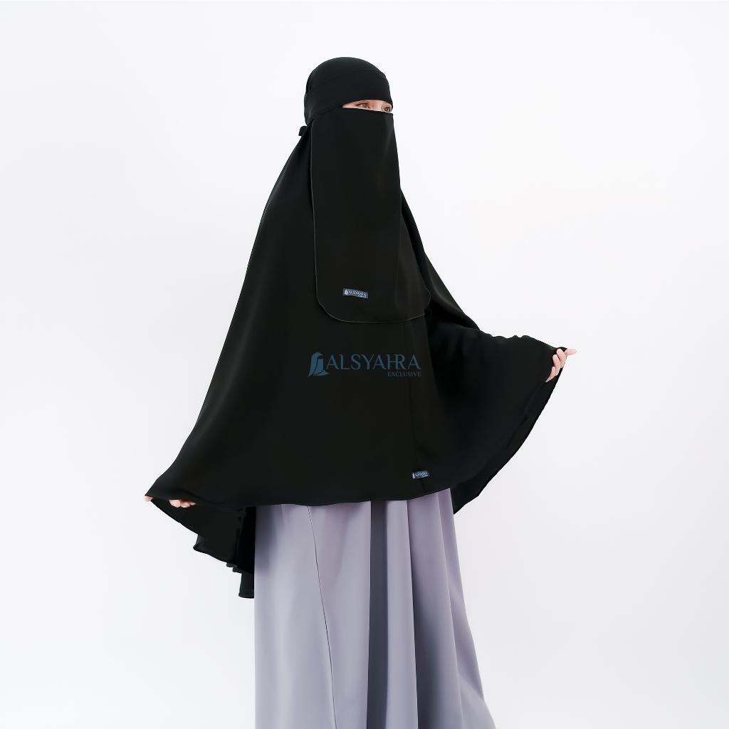 Alsyahra Exclusive - Set Khimar Syari Marwah Non Pad Niqab Bandana Jetblack Size XL