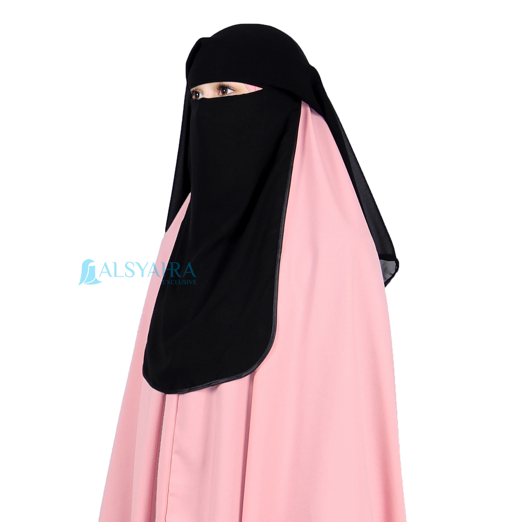 Alsyahra Exclusive - Niqab Yaman Bisban 2 Layer Sifon Silk Jetblack Arab Size L