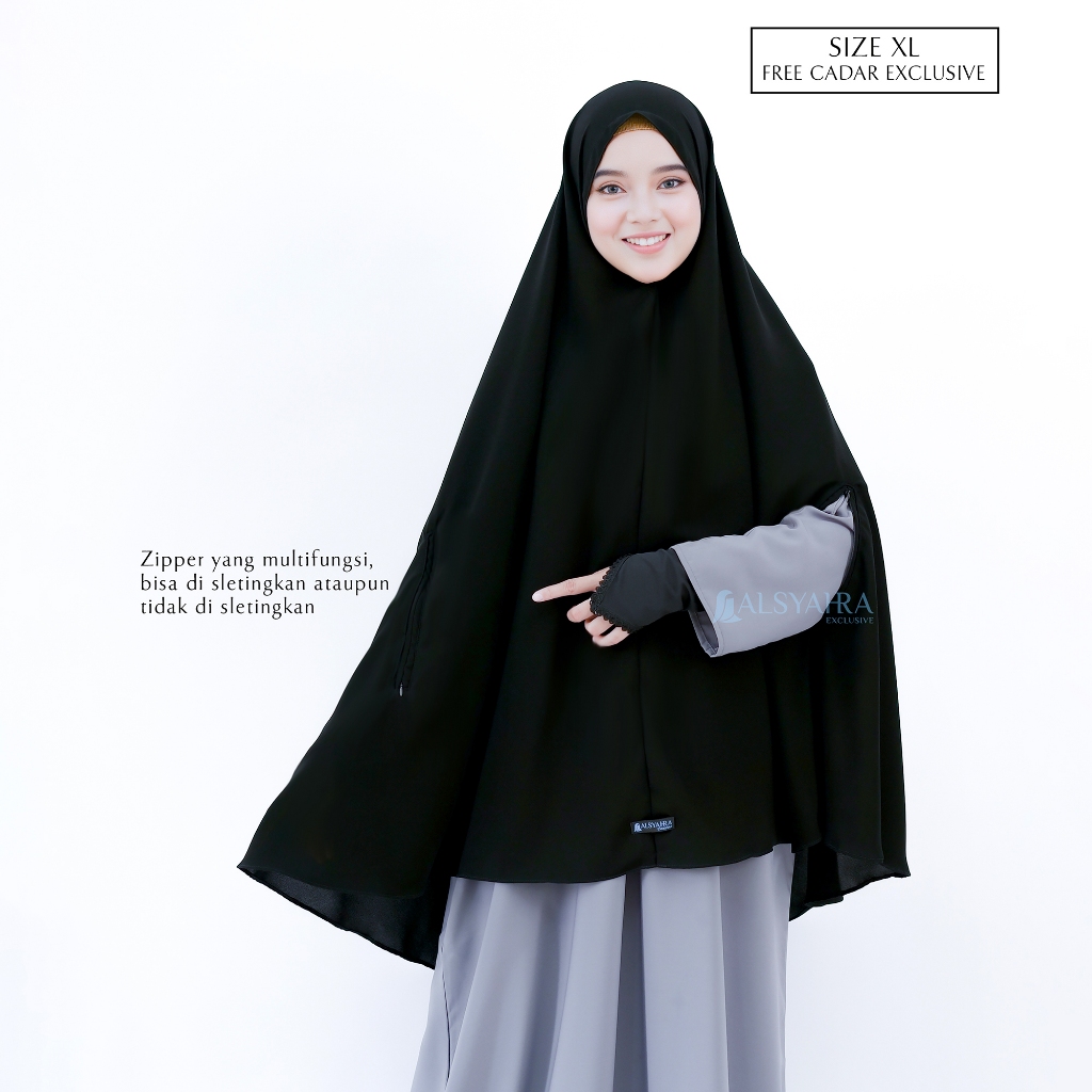 Alsyahra Exclusive - Set Khimar Syari Handzipper Cadar Tali Jetblack Size XL