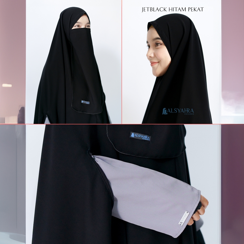 Alsyahra Exclusive - Set Khimar Syari Handzipper Cadar Tali Jetblack Size XL